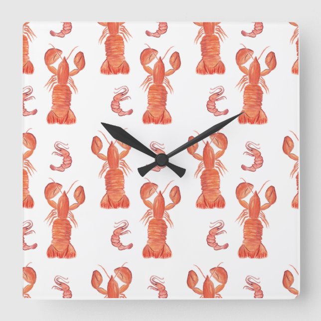 Lobster Crustacean Watercolor Painted Pattern   Square Wall Clock (Front)