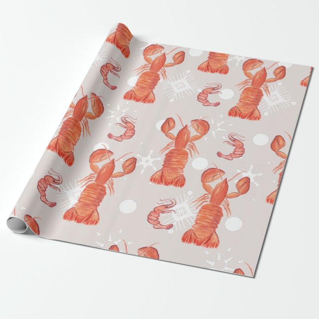 Lobster Crustacean Watercolor Snowflake Pattern  Wrapping Paper (Unrolled)