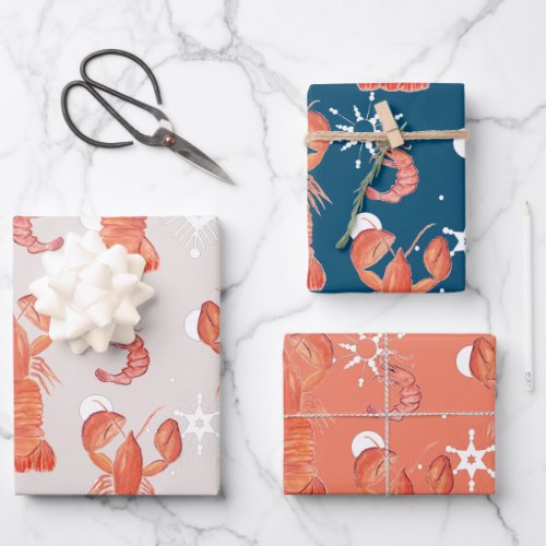 Lobster Crustacean Watercolor Snowflake Pattern Wrapping Paper Sheets