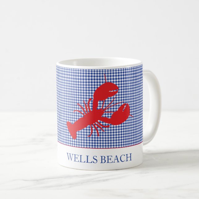 Lobster Custom Text Red White Blue Check Nautical Coffee Mug (Front Right)