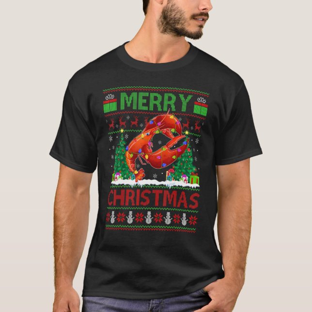 Lobster Fish   Xmas Tree Ugly Santa Lobster Christ T-Shirt (Front)