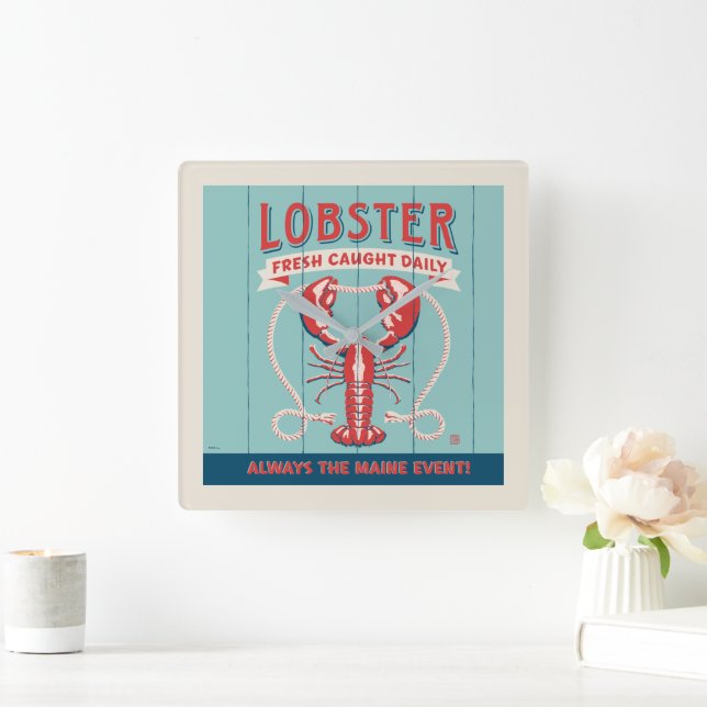 Lobster Fresh Caught Daily | Maine Square Wall Clock (Home)