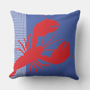 Lobster Gingham Red White Blue Coastal Maine Fun Throw Pillow