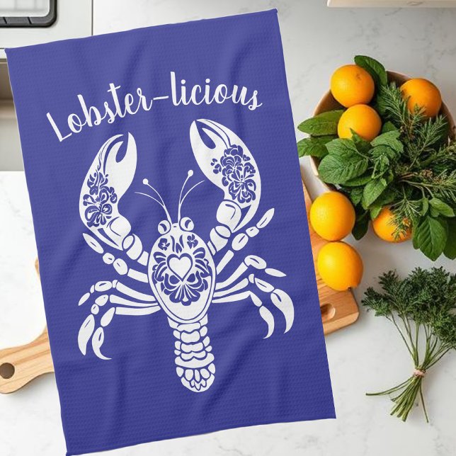 Lobster-Hawaiian-Fisherman Core-Blue Kitchen Towel (Lobster-Lobster-licious-Hawaiian-Tropical-Fisherman Core-Kitchen Towel-Blue)
