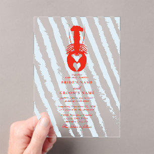 Lobster Heart Blue Stripes Nautical Beach Wedding Acrylic Invitations