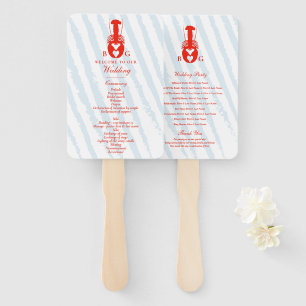 Lobster Heart Blue Stripes Nautical Beach Wedding Hand Fan