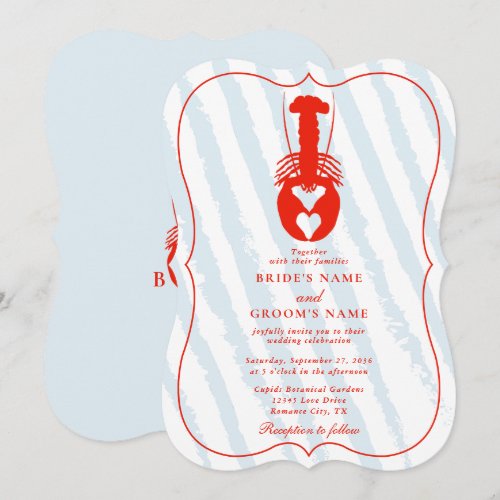 Lobster Heart Blue Stripes Nautical Beach Wedding Invitation