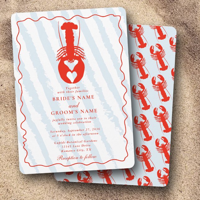 Lobster Heart Blue Stripes Nautical Beach Wedding Invitation (Lobster Heart Blue Stripes Nautical Beach Wedding Invitation)