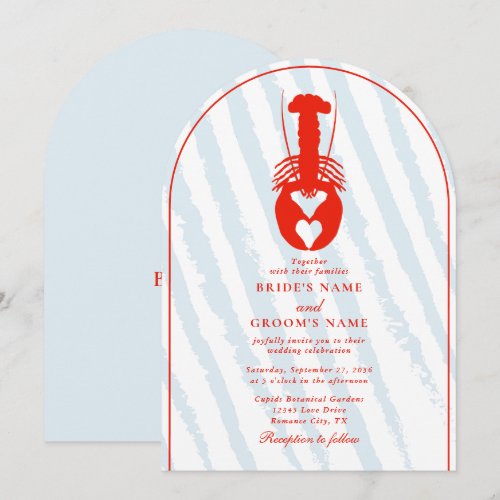 Lobster Heart Blue Stripes Nautical Beach Wedding Invitation