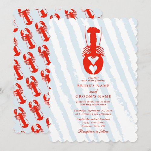 Lobster Heart Blue Stripes Nautical Beach Wedding Invitation