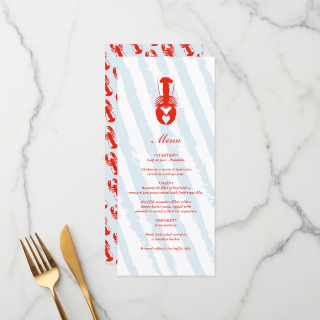 Lobster Heart Blue Stripes Nautical Beach Wedding Menu (Front/Back In Situ)