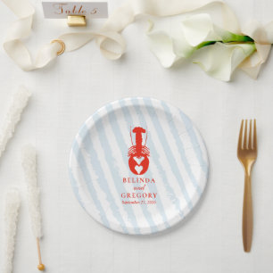 Lobster Heart Blue Stripes Nautical Beach Wedding Paper Plates