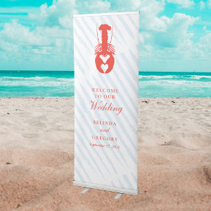 Lobster Heart Blue Stripes Nautical Beach Wedding Retractable Banner