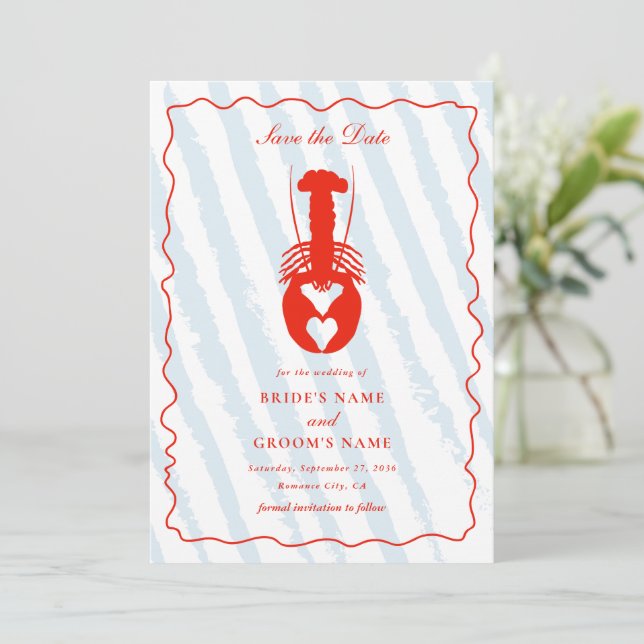 Lobster Heart Blue Stripes Nautical Beach Wedding Save The Date (Standing Front)