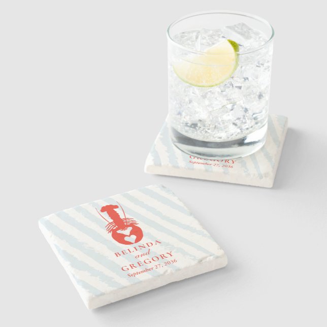 Lobster Heart Blue Stripes Nautical Beach Wedding Stone Coaster (Side)