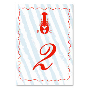 Lobster Heart Blue Stripes Nautical Beach Wedding Table Number