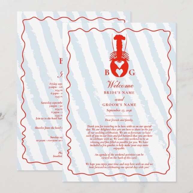 Lobster Heart Blue Stripes Wedding Itinerary Program (Front/Back)