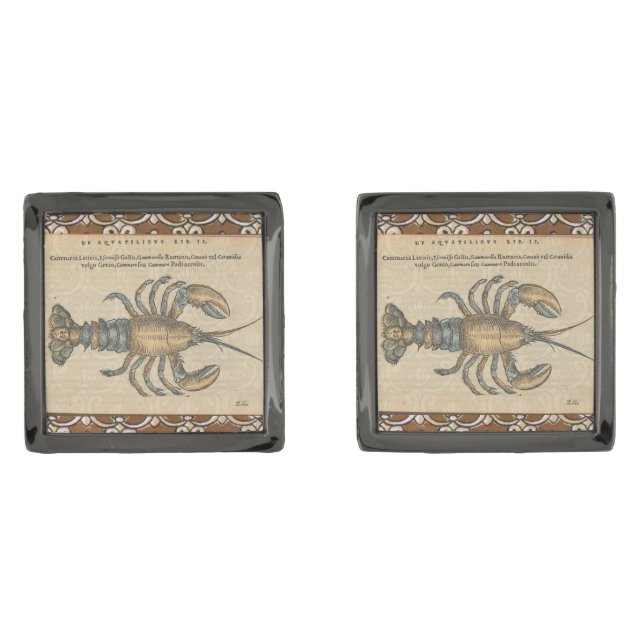 Lobster Illustration Antique Maine Seafood Gunmetal Finish Cufflinks (Front)