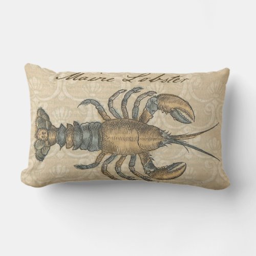 Lobster Illustration Antique Maine Seafood Lumbar Pillow