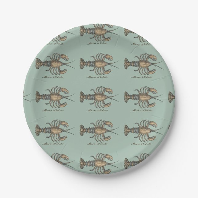Lobster Illustration Antique Maine Seafood Paper Plates (Front)