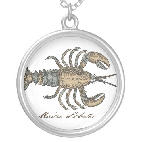 Lobster Illustration Antique Maine Seafood Silver Plated Necklace