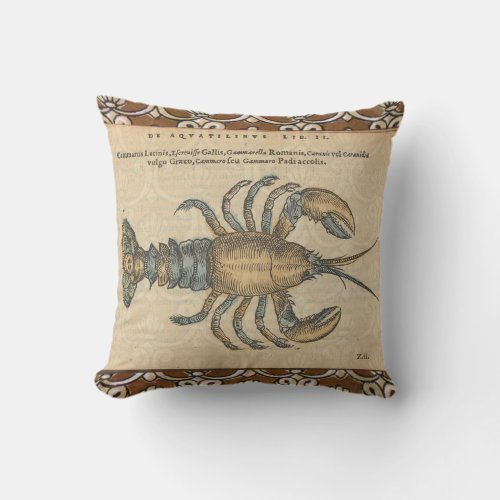 Lobster Illustration Antique Maine Seafood Throw Pillow