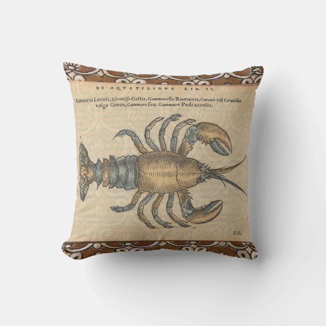 Lobster Illustration Antique Maine Seafood Throw Pillow (Front)