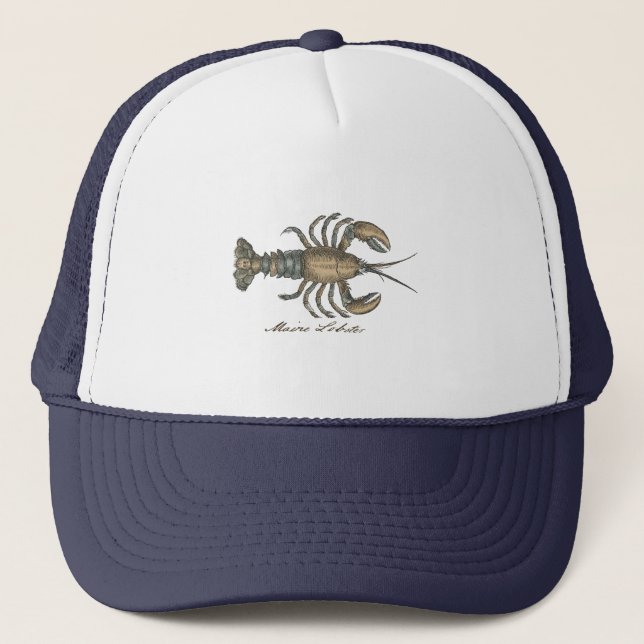 Lobster Illustration Antique Maine Seafood Trucker Hat (Front)