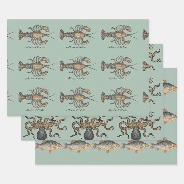 Lobster Illustration Antique Maine Seafood Wrapping Paper Sheets (Set)