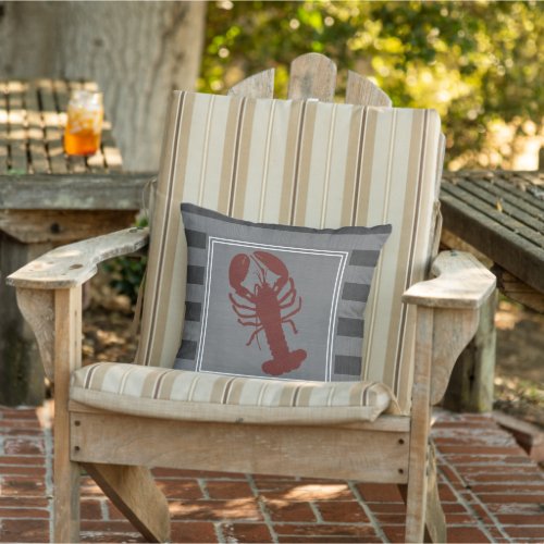 Lobster  in a Nautical Burlap Grey Stripes Outdoor Pillow