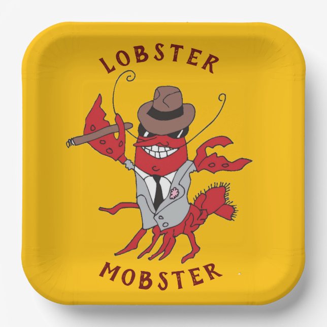 Lobster Mobster 🦞 Funny Cartoon Gangster Paper Plates (Front)