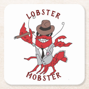 Lobster Mobster 🦞 Funny Cartoon Gangster Square Paper Coaster