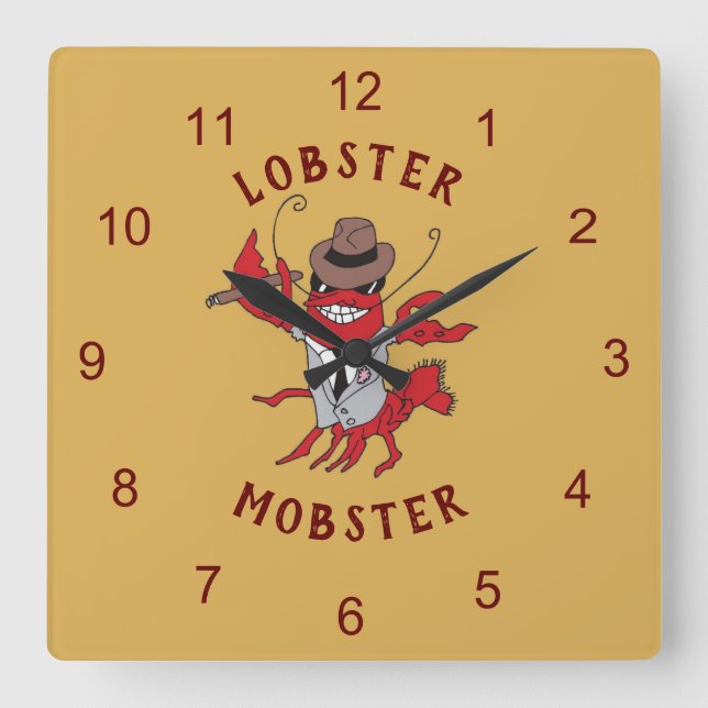 Lobster Mobster 🦞 Funny Cartoon Gangster Square Wall Clock (Front)