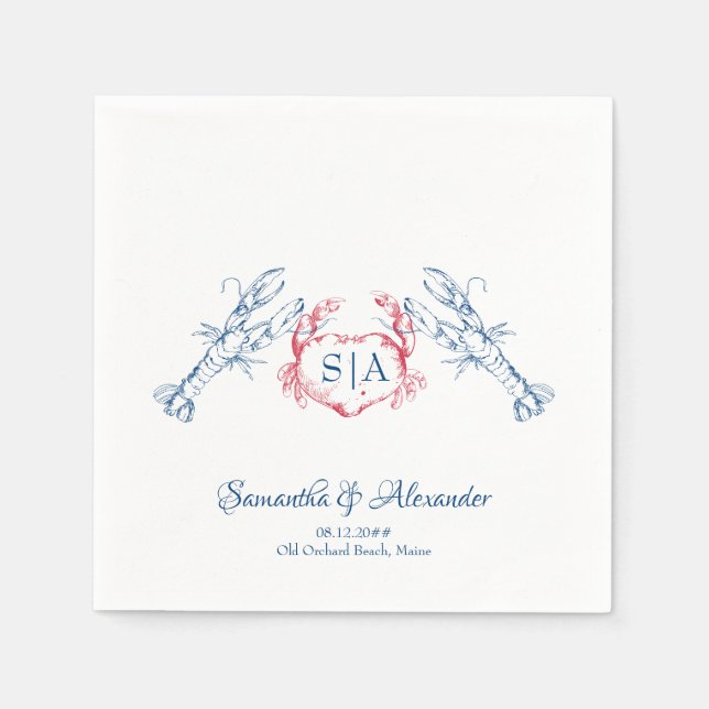Lobster Nautical Monogram Script Navy Wedding Napkins (Front)