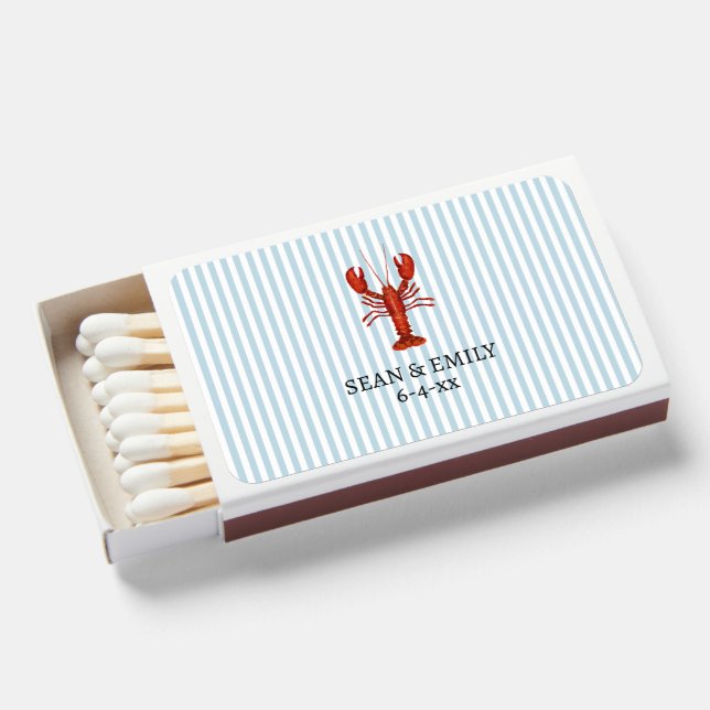 Lobster Nautical Stripe Coastal Wedding Matchboxes (Front Open)