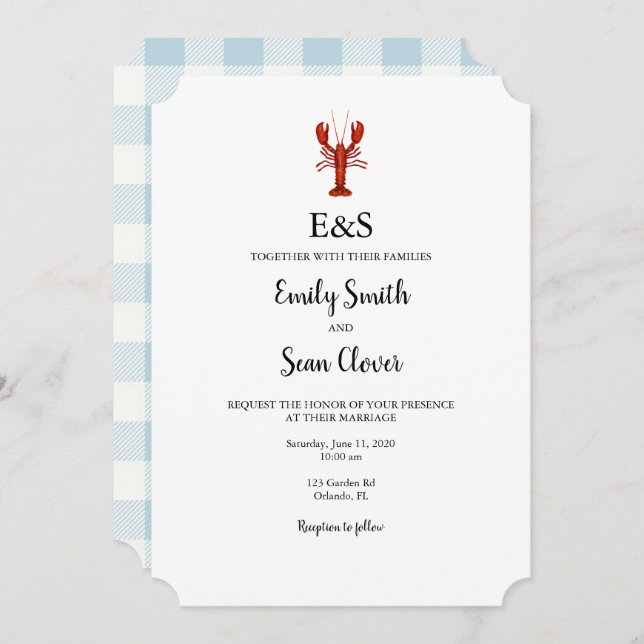 Lobster Nautical Wedding Monogram Blue Gingham Invitation (Front/Back)