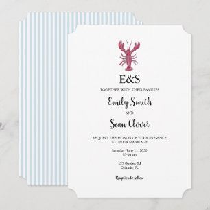 Lobster Nautical Wedding Monogram Blue Stripe Invitation