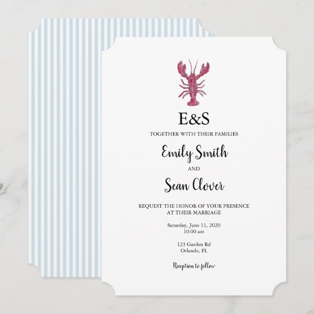 Lobster Nautical Wedding Monogram Blue Stripe Invitation (Front/Back)