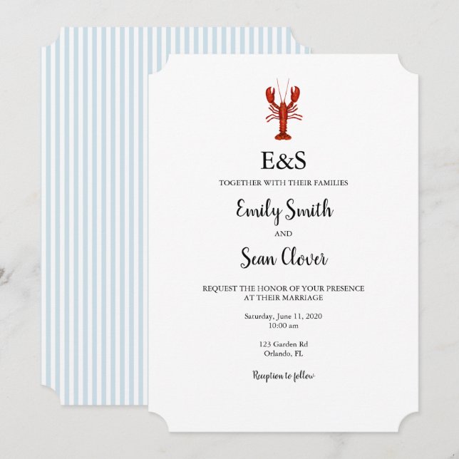Lobster Nautical Wedding Monogram Blue Stripe Invitation (Front/Back)