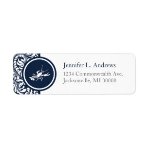 Lobster Navy Damask Return Address Beach Wedding Label