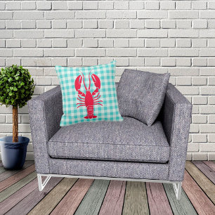 Lobster on Blue Gingham Throw Pillow