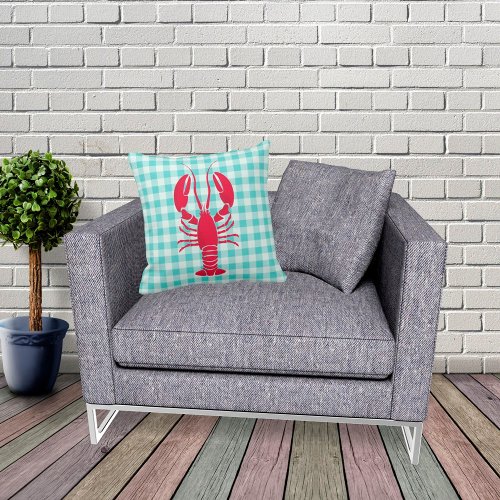 Lobster on Blue Gingham Throw Pillow