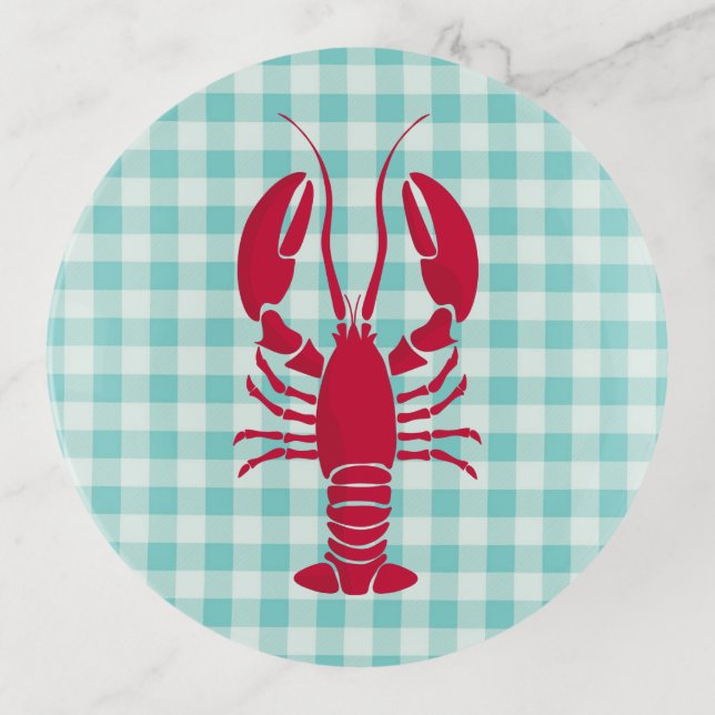Lobster on Blue Gingham  Trinket Tray (Front)