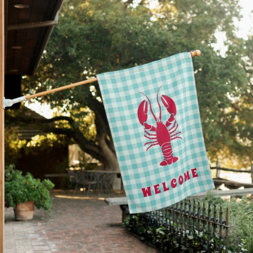 Lobster on Blue Gingham Welcome Flag
