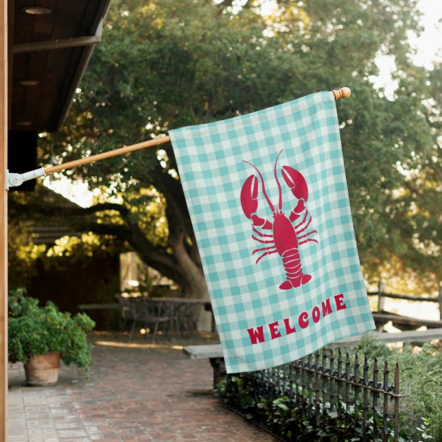 Lobster on Blue Gingham Welcome Flag (In SItu)
