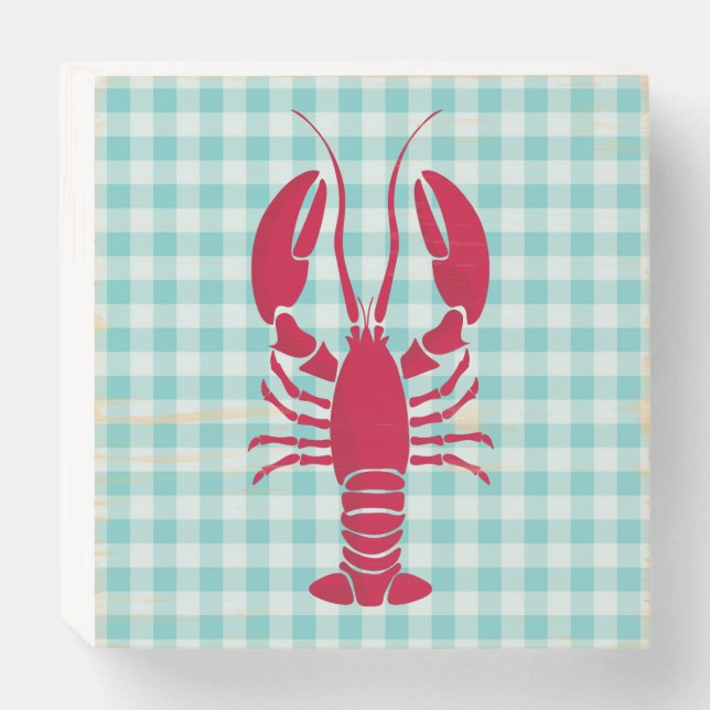 Lobster on Blue Gingham  Wooden Box Sign (Front Horizontal)
