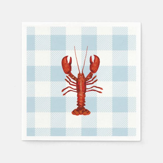 Lobster Painting Nautical Blue Gingham Coastal Napkins (Front)