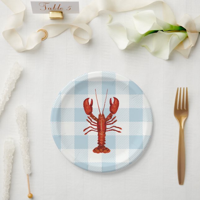 Lobster Painting Nautical Blue Gingham Coastal Paper Plates (Wedding)