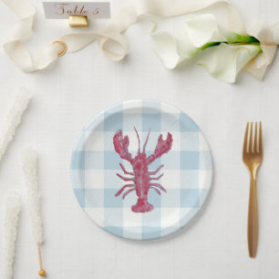 Lobster Painting Nautical Blue Gingham Coastal Paper Plates