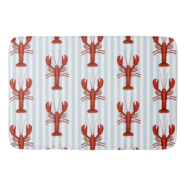 Lobster Painting Nautical Blue Stripe Coastal Bath Mat (Front)